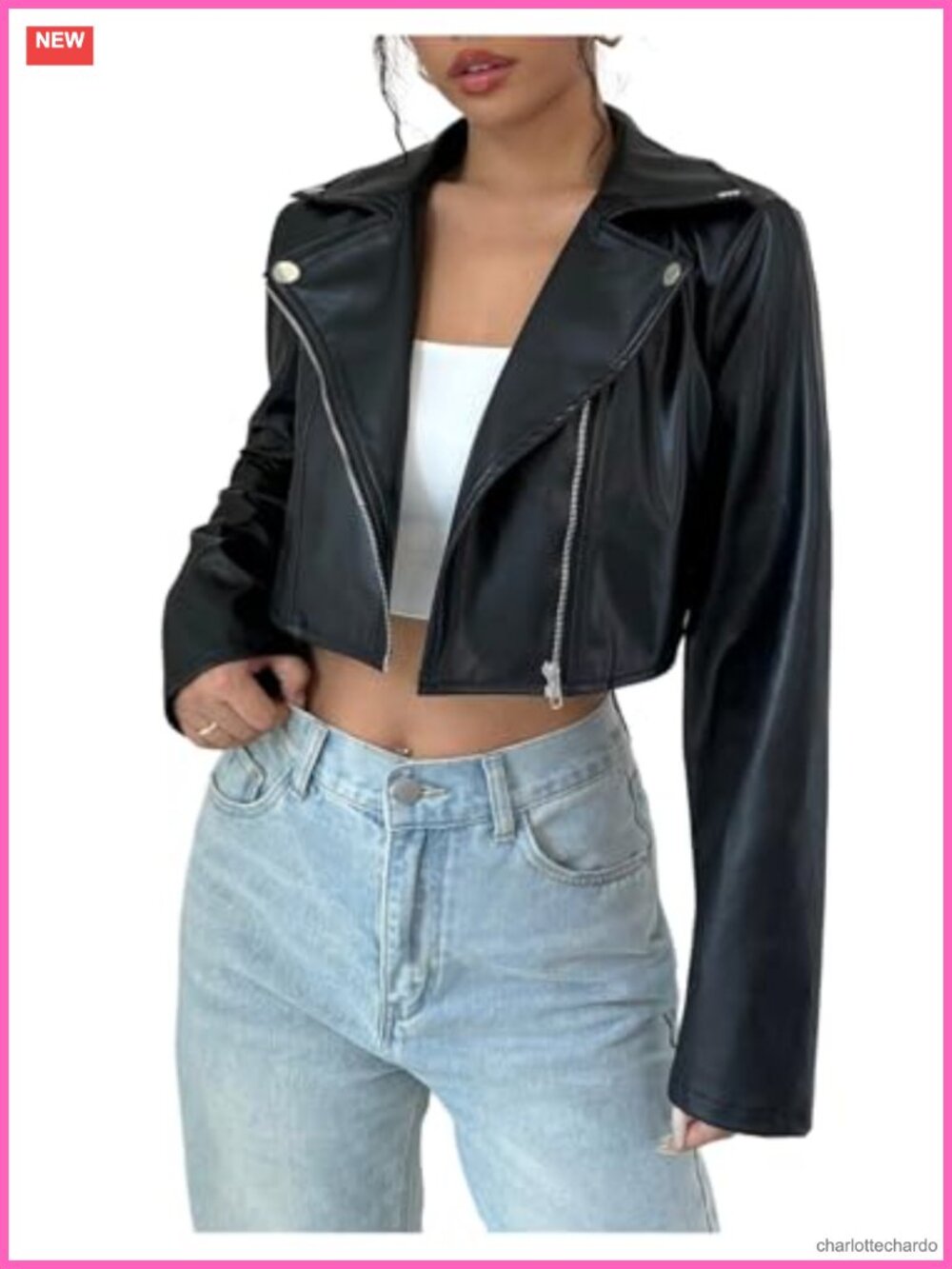 PU Leather Cropped Moto Jacket Long Sleeve Zip Up Rave Outerwear